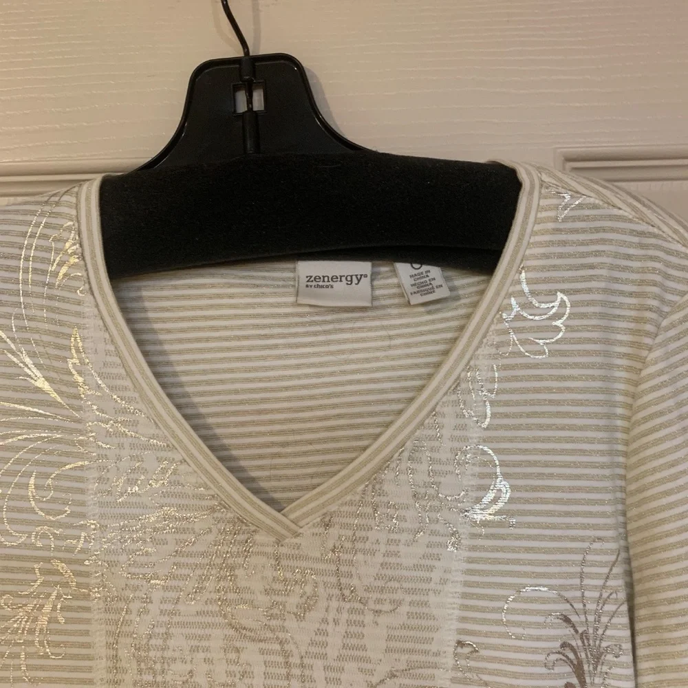 Zenergy by Chico’s Ivory/Gold 3/4 Sleeve Top sz 0